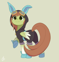 Size: 1800x1900 | Tagged: safe, artist:luminousdazzle, oc, oc only, oc:lumina, pegasus, pony, animal costume, autograph, bangs, bunny costume, bunny slippers, clothes, costume, dangerous mission outfit, female, folded wings, full body, goggles, goggles on head, green eyes, hoodie, long tail, looking at you, mare, pegasus oc, raised hoof, signature, simple background, slippers, smiling, smiling at you, solo, tail, wings