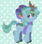 Size: 1152x1230 | Tagged: safe, artist:mimiqq, oc, oc only, oc:dewshine (kirin), kirin, bow, clothes, female, hair bow, kirin oc, lineless, mare, pattern, patterned background, polka dot background, polka dots, scarf, smiling, solo, tail, tail bow