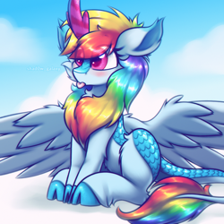 Size: 2000x2000 | Tagged: safe, artist:shad0w-galaxy, rainbow dash, kirin, pegasus, winged kirin, g4, :p, big eyes, blushing, cheek fluff, chest fluff, clothes, cloud, cloven hooves, cute, dashabetes, ear fluff, eye clipping through hair, female, high res, horn, kirin hybrid, kirin rainbow dash, kirin-ified, mare, on a cloud, outdoors, patreon, patreon reward, scales, sitting, solo, species swap, tongue out, unshorn fetlocks