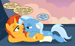 Size: 3088x1904 | Tagged: safe, artist:badumsquish, derpibooru exclusive, part of a set, sunburst, trixie, pony, unicorn, g4, beard, bedroom eyes, blaze (coat marking), coat markings, cuddling, dialogue, duo, ears back, eye contact, facial hair, facial markings, female, hanging out, hooves behind head, horn, implied jack pot, looking at each other, looking at someone, lying down, male, mare, misspelling, mountain, on back, outdoors, prone, roof, rooftop, school of friendship, ship:trixburst, shipping, show accurate, slur, smiling, snuggling, socks (coat markings), sploot, stallion, straight, talking, tax evasion