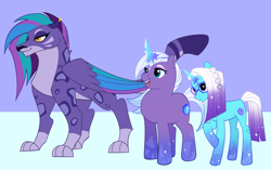 Size: 3375x2122 | Tagged: safe, artist:aztrial, allura, comet (g5), violet frost, auroricorn, big cat, leopard, pony, snow leopard, g4, g5, countershading, female, g5 to g4, generation leap, height difference, high res, lanky, male, mare, physique difference, skinny, stallion, tall, thin, trio, unitober 2024