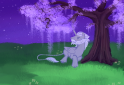 Size: 640x444 | Tagged: safe, artist:acura, oc, oc only, oc:acura, alicorn, alicorn oc, beard, facial hair, horn, leonine tail, outdoors, solo, tail, tree, wings