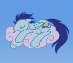 Size: 777x675 | Tagged: safe, artist:acura, soarin', pegasus, g4, cloud, male, simple background, sleeping, solo, stallion