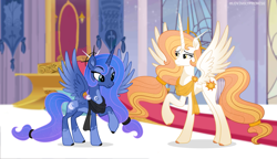 Size: 3463x2000 | Tagged: safe, artist:lovinglypromise, princess celestia, princess luna, alicorn, pony, g4, alternate design, canterlot castle interior, clothes, duo, duo female, female, indoors, mare, raised hoof, royal sisters, scarf, siblings, sisters, spread wings, wings