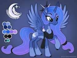 Size: 2461x1870 | Tagged: safe, artist:lovinglypromise, princess luna, pony, alternate design, clothes, reference sheet, scarf, solo