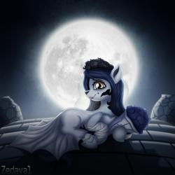 Size: 1602x1602 | Tagged: safe, artist:zedaval, oc, oc only, oc:inky noire, earth pony, pony, bouquet, bouquet of flowers, bridesmaid dress, clothes, corpse bride, costume, dress, flower, full moon, moon, nightmare night, outdoors, solo