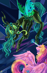 Size: 3300x5100 | Tagged: safe, artist:ashley-the-muffin, princess cadance, queen chrysalis, alicorn, changeling, changeling queen, pony, concave belly, duo, female, fight, glowing, glowing horn, horn, lanky, long tongue, mare, skinny, tall, thin, tongue out