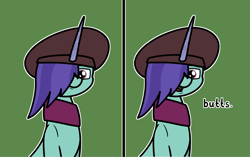 Size: 2048x1288 | Tagged: safe, artist:ewoudcponies, onyx, pony, unicorn, g5, 2 panel comic, beret, bust, butts, comic, dialogue, female, green background, hair over one eye, hat, horn, looking at you, mare, outline, simple background, solo, talking to viewer, white outline