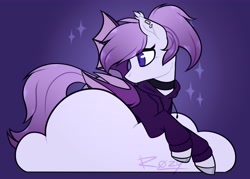 Size: 4096x2928 | Tagged: safe, artist:rozy, oc, oc:hawrs, bat pony, choker, clothes, cloud, ear piercing, hoodie, looking away, lying down, lying on a cloud, on a cloud, piercing, purple background, purple mane, simple background, sparkles