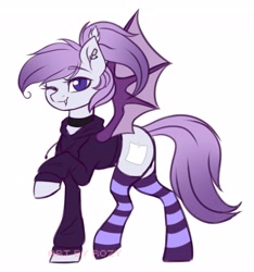 Size: 3826x4096 | Tagged: safe, artist:rozy, oc, oc:hawrs, bat pony, choker, clothes, ear piercing, female, hoodie, looking at you, mare, piercing, purple eyes, purple mane, smiling, smiling at you, socks, standing