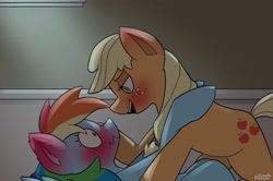 Size: 3000x1996 | Tagged: safe, artist:simpledoggo, applejack, rainbow dash, earth pony, pegasus, pony, g4, blushing, blushing profusely, duo, duo female, ear blush, face to face, female, hatless, hooves on shoulders, imminent sex, indoors, lesbian, lidded eyes, light, looking at each other, looking at someone, lying down, mare, missing accessory, on top, open mouth, ship:appledash, shipping, signature, wavy mouth, wide eyes