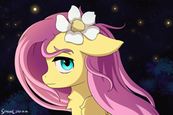 Size: 4500x3000 | Tagged: safe, artist:symbianl, fluttershy, firefly (insect), insect, pegasus, pony, g4, bust, chest fluff, cute, female, floppy ears, flower, flower in hair, folded wings, high res, looking at you, mare, night, outdoors, portrait, profile, shyabetes, solo, stray strand, windswept mane, wings