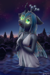 Size: 1600x2400 | Tagged: safe, artist:symbianl, queen chrysalis, changeling, changeling queen, anthro, g4, belly, belly button, breasts, clothes, dress, fangs, female, floppy ears, forest, horn, looking up, nature, night, night sky, open mouth, outdoors, praying, sky, slit pupils, solo, tree, water, wings