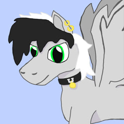 Size: 1400x1400 | Tagged: safe, artist:silverfishv9, oc, oc only, oc:sky writer (solredrose), pegasus, pony, collar, ear piercing, earring, gray coat, jewelry, male, pegasus oc, piercing, simple background, solo, stallion