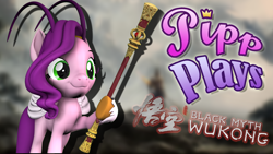 Size: 1920x1080 | Tagged: safe, artist:pika-robo, pipp petals, pegasus, pony, series:pipp plays, g4, g5, 3d, black myth:wukong, fake thumbnail, female, g5 to g4, gamer pipp, generation leap, hair antenna, let's play, mare, monkey king, solo, source filmmaker, staff, youtube thumbnail