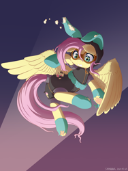 Size: 1800x2400 | Tagged: safe, artist:symbianl, fluttershy, pegasus, pony, g4, bunny ears, clothes, costume, dangerous mission outfit, female, frog (hoof), goggles, hoodie, mare, solo, spread wings, spy, tail, torn clothes, underhoof, wings