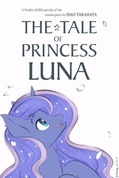 Size: 3200x4800 | Tagged: safe, artist:symbianl, princess luna, alicorn, pony, g4, bust, crossover, cute, ear fluff, female, horn, looking up, lunabetes, lunaguya, mare, movie poster, neck fluff, open mouth, parody, poster parody, princess kaguya, profile, simple background, solo, studio ghibli, the tale of princess kaguya, white background