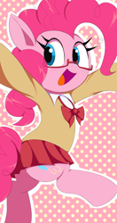 Size: 1080x2042 | Tagged: safe, artist:spoonie, pinkie pie, earth pony, pony, g4, anatomically incorrect, arms in the air, bipedal, boobs and butt pose, butt, clothes, cute, diapinkes, eye clipping through hair, glasses, miniskirt, one leg raised, outline, patterned background, polka dot background, school uniform, skirt, solo