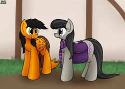 Size: 2106x1491 | Tagged: safe, artist:the-furry-railfan, octavia melody, oc, oc:twintails, earth pony, pegasus, pony, g4, bag, clothes, duo, house, outdoors, saddle bag, scarf, striped scarf, talking