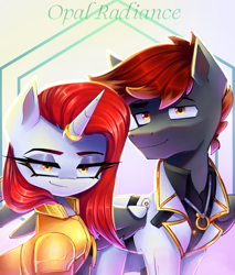 Size: 2557x3000 | Tagged: safe, artist:opal_radiance, oc, oc only, pegasus, pony, unicorn, duo, gradient background, horn, solar empire