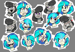 Size: 1800x1250 | Tagged: safe, artist:la hum, dj pon-3, octavia melody, vinyl scratch, earth pony, pony, unicorn, g4, horn, knife, sticker set, tongue out