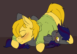 Size: 1602x1118 | Tagged: safe, artist:luxsimx, oc, oc only, oc:dozer, oc:firestarter, bat pony, earth pony, pony, bat pony oc, blushing, cute, sleeping, trapped