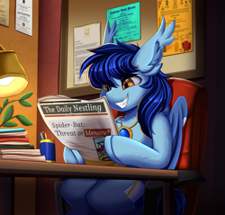 Size: 2640x2528 | Tagged: safe, artist:pridark, oc, oc only, oc:lunar dusk, bat pony, pony, bat pony oc, blackletter, certificate, chair, chest fluff, desk lamp, ear fluff, fangs, grin, house plant, indoors, jewelry, lamp, male, newspaper, office, office chair, pen, pen holder, pendant, smiling, solo, stallion, table