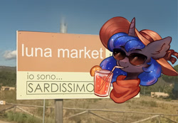 Size: 1790x1242 | Tagged: safe, artist:polnocnykot, princess luna, alicorn, pony, g4, bow, clothes, ear fluff, female, food, glass, glasses, hat, horn, irl, italian, italy, juice, market, orange, orange juice, outdoors, photo, proud, scarf, smiling, solo, summer hat, sunglasses