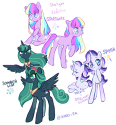 Size: 1280x1378 | Tagged: safe, artist:kino-ta, oc, oc only, oc:somber, oc:starswirl, oc:stella, alicorn, earth pony, pony, unicorn, alicorn oc, earth pony oc, horn, magical lesbian spawn, offspring, parent:princess celestia, parent:starlight glimmer, parent:trixie, parent:twilight sparkle, parents:startrix, parents:twilestia, simple background, unicorn oc, white background, wings