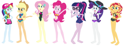 Size: 7304x2784 | Tagged: safe, artist:emannyc01, artist:selenaede, applejack, fluttershy, pinkie pie, rainbow dash, rarity, sci-twi, sunset shimmer, twilight sparkle, human, equestria girls, g4, applejack's beach shorts swimsuit, barefoot, base used, belly, belly button, bikini, clothes, ear piercing, earring, feet, female, fluttershy's one-piece swimsuit, hat, humane five, humane seven, humane six, jewelry, one-piece swimsuit, piercing, pinkie pie swimsuit, rainbow dash's beach shorts swimsuit, rarity's purple bikini, sci-twi swimsuit, simple background, sunset shimmer swimsuit, sunset shimmer's beach shorts swimsuit, swimsuit, white background