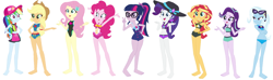 Size: 9360x2784 | Tagged: safe, artist:emannyc01, artist:selenaede, artist:thefandomizer316, applejack, fluttershy, pinkie pie, rainbow dash, rarity, sci-twi, starlight glimmer, sunset shimmer, trixie, twilight sparkle, human, equestria girls, g4, applejack's beach shorts swimsuit, barefoot, base used, belly, belly button, bikini, clothes, ear piercing, earring, feet, female, fluttershy's one-piece swimsuit, hat, humane eight, humane five, humane seven, humane six, jewelry, one-piece swimsuit, piercing, pinkie pie swimsuit, rainbow dash's beach shorts swimsuit, rarity's purple bikini, sci-twi swimsuit, simple background, sunset shimmer swimsuit, sunset shimmer's beach shorts swimsuit, swimsuit, white background