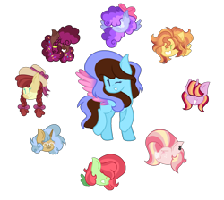 Size: 1928x1725 | Tagged: safe, artist:malta2277, oc, oc only, earth pony, pegasus, pony, unicorn, base used, bow, braid, braided pigtails, bust, colored wings, female, freckles, glasses, gradient wings, hair bow, hat, horn, looking at you, magical lesbian spawn, mare, offspring, one eye closed, parent:apple bloom, parent:babs seed, parent:big macintosh, parent:coco pommel, parent:fluttershy, parent:pinkie pie, parent:pipsqueak, parent:rainbow dash, parent:spitfire, parent:sunset shimmer, parent:trenderhoof, parent:twilight sparkle, parents:appleseed, parents:fluttermac, parents:pinkiedash, parents:pipbloom, parents:sunfire, parents:sunsetsparkle, parents:trenderpommel, pigtails, ponysona, simple background, smiling, sprinkles in mane, transparent background, wings, wink, winking at you