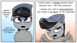 Size: 2300x1266 | Tagged: safe, artist:chopsticks, oc, oc only, oc:chopsticks, pegasus, pony, 2 panel comic, air quotes, blatant lies, cheek fluff, chest fluff, chipped tooth, comic, dialogue, ear fluff, eye clipping through hair, fluffy, gradient background, hat, looking at you, male, one ear down, open mouth, pegasus oc, solo, stallion, stray strand, talking to viewer, text, wing hands, wings