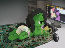 Size: 2732x2048 | Tagged: safe, artist:asdfasfasda, twilight sparkle, oc, oc:filly anon, mouse, pony, unicorn, g4, sweet and elite, comfy, computer, computer mouse, cup, diaper, diaper usage, diapered, duo, duo male and female, female, filly, foal, indoors, keyboard, lying down, male, pacifier, peeing in diaper, pissing, prone, sippy cup, soaked diaper, soggy diaper, solo focus, spread legs, spreading, unicorn diaper, unicorn twilight, urine, used diaper, using diaper, wet diaper, wetting diaper