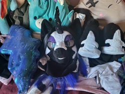 Size: 2048x1536 | Tagged: safe, artist:loveiock_, nightmare moon, g4, bed, fursuit head, indoors, irl, photo, ponysuit