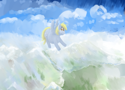 Size: 3500x2500 | Tagged: safe, artist:lupin quill, derpy hooves, pegasus, pony, g4, aderpose, belly, cloud, fat, flying, lineless, mountain, mountain range, outdoors, painting, scenery, solo