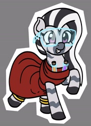 Size: 1687x2312 | Tagged: safe, artist:mkogwheel, oc, oc:zeal lanatus, zebra, clothes, dress, female, goggles, gray background, grin, looking at you, mare, outline, safety goggles, simple background, smiling, smiling at you, solo, standing on two hooves, white outline, zebra oc