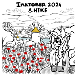 Size: 1000x1000 | Tagged: safe, artist:sunamoonmlp, oc, oc only, oc:sunamoon, alicorn, pony, g4, cute, female, flower, flower field, horn, inktober, inktober 2024, solo, water, windmill, wings