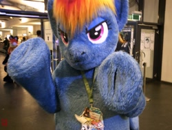 Size: 1600x1200 | Tagged: safe, artist:atalonthedeer, artist:giovannimagnus, rainbow dash, g4, 2018, badge, bust, eurofurence, fursuit, indoors, irl, photo, ponysuit, portrait, solo, waving