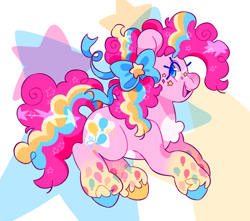 Size: 2048x1807 | Tagged: safe, artist:cocopudu, pinkie pie, earth pony, pony, g4, abstract background, alternate design, blue bow, blue eyelashes, blue pupils, bow, chest fluff, coat markings, colored eyebrows, colored eyelashes, colored hooves, colored pupils, curly mane, curly tail, eyebrows, eyebrows visible through hair, facial markings, gradient legs, hair accessory, hair bow, hooves, looking back, mane accessory, mismatched hooves, multicolored background, multicolored hooves, open mouth, open smile, pale belly, pink coat, pink mane, pink tail, profile, rainbow power, shiny mane, shiny tail, side view, smiling, solo, star (coat marking), star mark, stars, striped mane, striped tail, tail, three toned mane, three toned tail, unshorn fetlocks, white belly