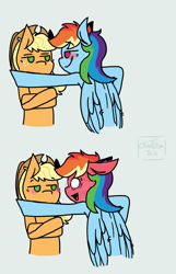 Size: 1800x2800 | Tagged: safe, artist:criaturatrix, applejack, rainbow dash, earth pony, pegasus, pony, g4, 2koma, applejack is not amused, blushing, crossed arms, duo, duo female, female, flirting, gray background, hey you, kabedon, lesbian, ship:appledash, shipping, signature, simple background, smiling, smirk, unamused, white background