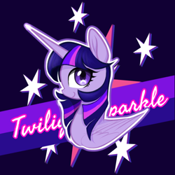 Size: 1242x1242 | Tagged: safe, artist:astralune, twilight sparkle, alicorn, pony, g4, cutie mark, cutie mark background, eyelashes, horn, looking at you, outline, solo, text, twilight sparkle (alicorn), wings