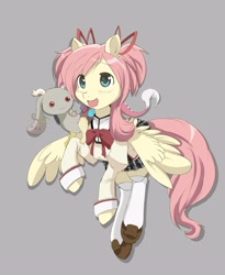 Size: 2455x3000 | Tagged: safe, artist:jitterbugjive, discord, fluttershy, pegasus, pony, g4, :d, anime, bowtie, clothes, cosplay, costume, duo, gray background, hair ribbon, incubator (species), kyubey, long sleeves, madoka kaname, magical girl, open mouth, open smile, pleated skirt, puella magi madoka magica, ribbon, school uniform, shoes, simple background, skirt, smiling, socks, species swap, thigh highs, uniform