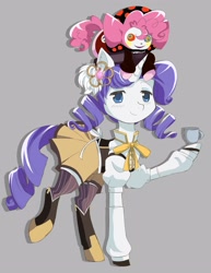 Size: 2318x3000 | Tagged: safe, artist:jitterbugjive, pinkie pie, rarity, pony, unicorn, g4, anime, boots, bowtie, charlotte, clothes, crossover, cup, female, gray background, hairpin, horn, long sleeves, magical girl, mami tomoe, mare, puella magi madoka magica, shoes, simple background, skirt, smiling, socks, soul gem, teacup, thigh highs, witch