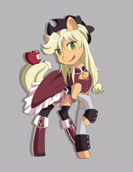 Size: 2318x3000 | Tagged: safe, artist:jitterbugjive, applejack, earth pony, pony, g4, :d, anime, apple, boots, charlotte (madoka magica), clothes, crossover, dress, fangs, female, food, gray background, hat, kyoko sakura, looking at you, magical girl, mare, open mouth, open smile, puella magi madoka magica, raised hoof, shoes, simple background, smiling, socks, solo, soul gem, thigh highs, wrist cuffs