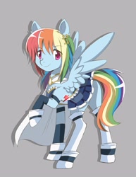 Size: 2318x3000 | Tagged: safe, artist:jitterbugjive, rainbow dash, pegasus, pony, g4, anime, body armor, boots, cape, clothes, crossover, detached sleeves, female, gray background, hairpin, magical girl, mare, puella magi madoka magica, sayaka miki, shoes, simple background, skirt, socks, solo, soul gem, spread wings, thigh highs, wings