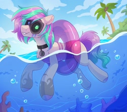 Size: 2048x1795 | Tagged: safe, artist:skysorbett, oc, oc only, oc:wattlan leyn, earth pony, pony, bubble, clothes, coat markings, coral, crepuscular rays, floaty, jewelry, looking at you, necklace, ocean, one-piece swimsuit, outdoors, palm tree, pool toy, seaweed, smiling, smiling at you, solo, sunlight, swimming, swimsuit, tree, underwater, water