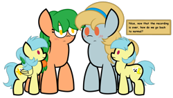 Size: 1296x737 | Tagged: safe, artist:izzy64, derpibooru exclusive, oc, oc only, oc:fair flyer, oc:matinee, oc:morning mimosa, oc:soiree, earth pony, pegasus, mare fair, big, blushing, earth pony oc, macro, pegasus oc, simple background, transparent background