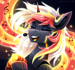 Size: 3000x2826 | Tagged: safe, artist:buvanybu, oc, oc only, oc:velvet remedy, pony, robot, robot pony, unicorn, fallout equestria, commission, horn, microphone, music notes, roboticization, singing, solo