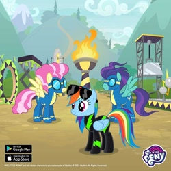 Size: 1080x1080 | Tagged: safe, gameloft, monsoon season, rainbow dash, swift vanilla, pegasus, pony, g4, my little pony: magic princess, clothes, female, male, mare, my little pony logo, outdoors, stallion, trio, uniform, washouts uniform, wonderbolts uniform